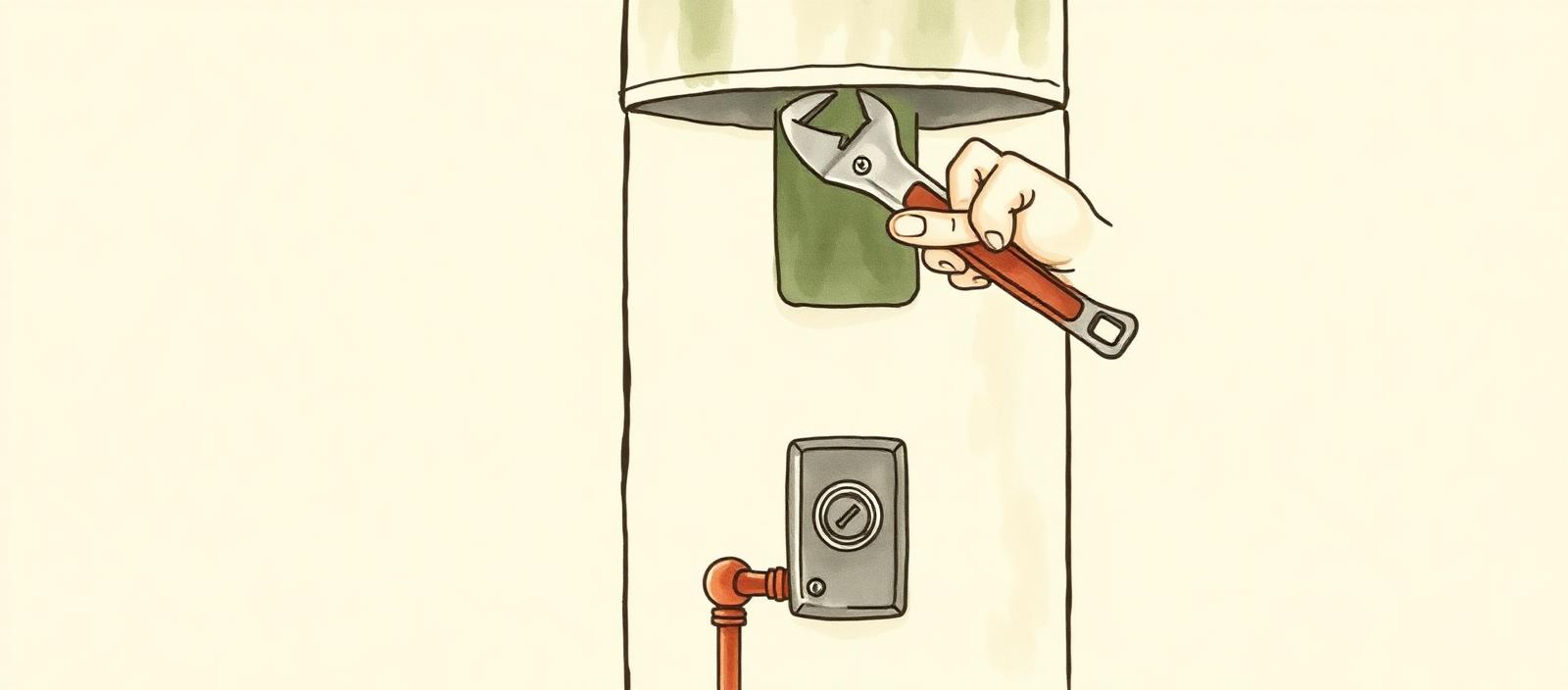 Ilustración acuarela de las manos de un gasista ajustando una conexión con una llave inglesa junto a un termotanque