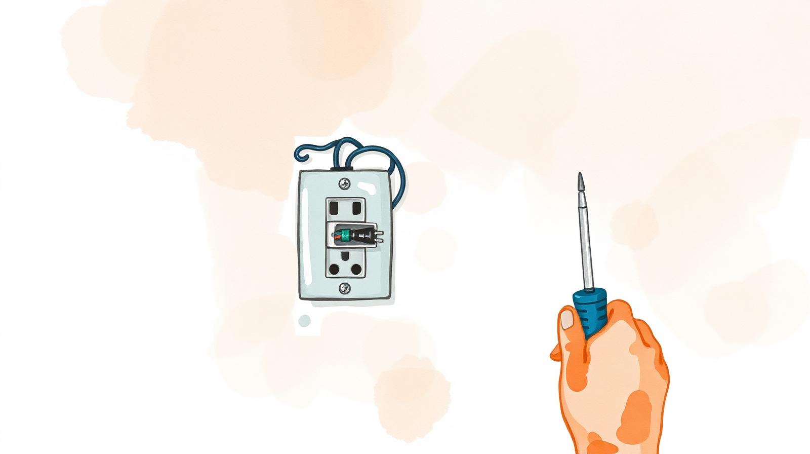 Ilustración de un electricista instalando un toma corriente nuevo en la pared