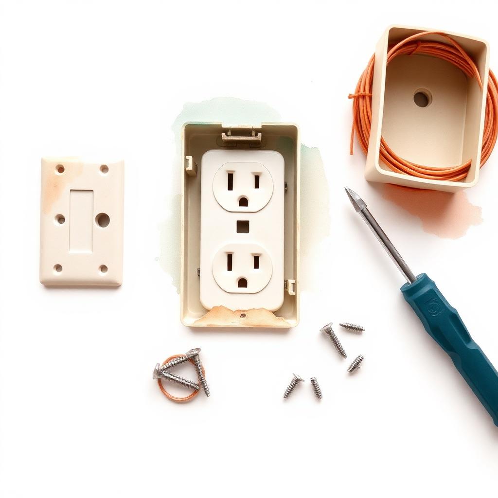 Ilustración de materiales para instalar un toma corriente: caja, cable, tapa y tornillos