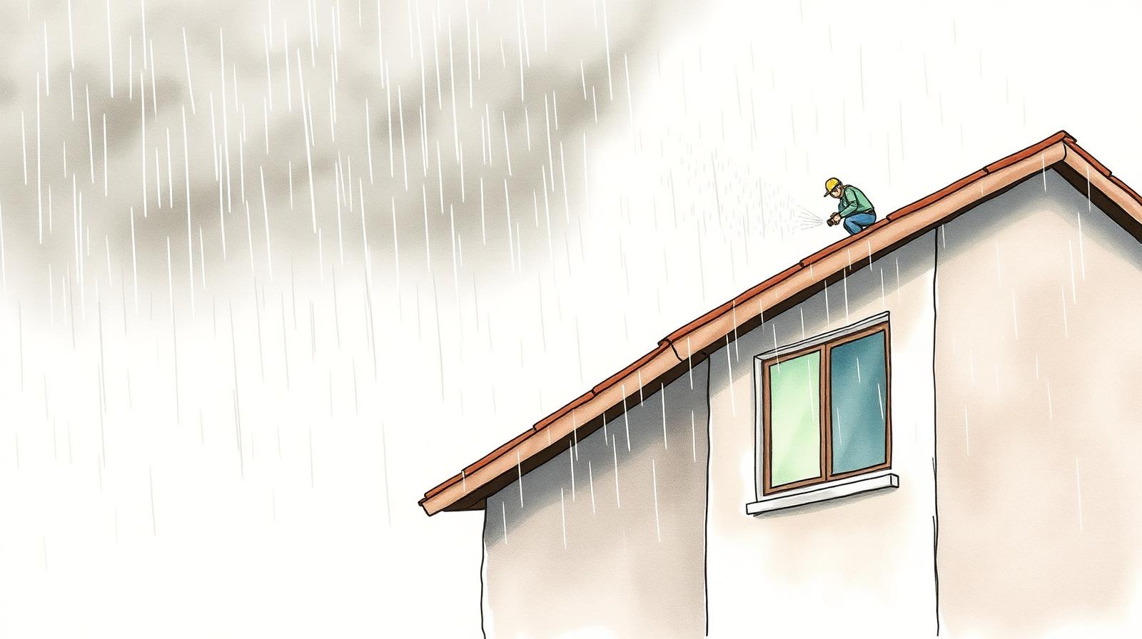 Ilustración de una tormenta de verano sobre una casa mientras un profesional revisa el techo