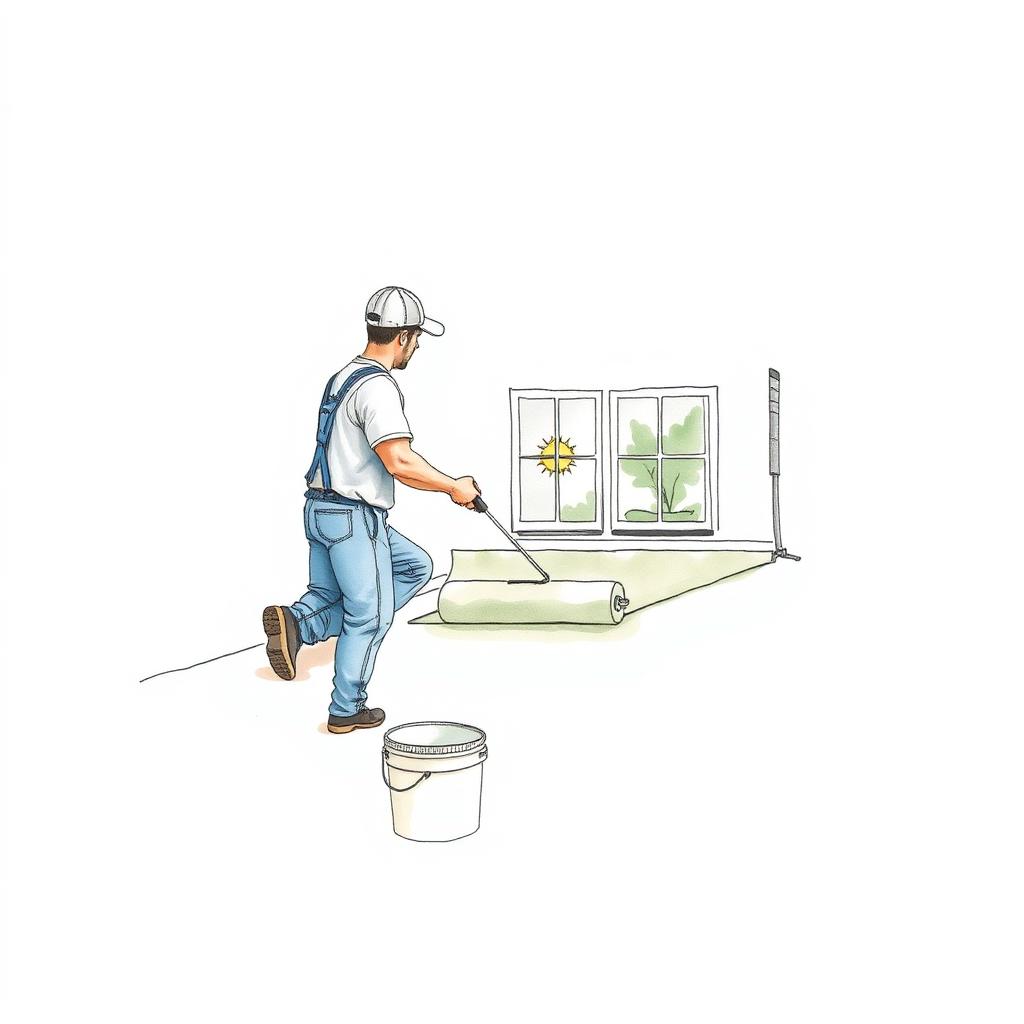 Ilustración de un profesional aplicando impermeabilizante con rodillo sobre el techo de una casa