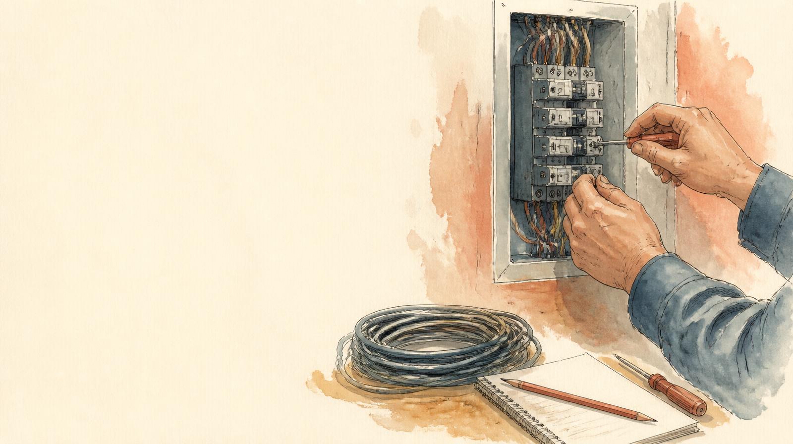 Ilustración en acuarela de un electricista trabajando en el tablero eléctrico de un departamento