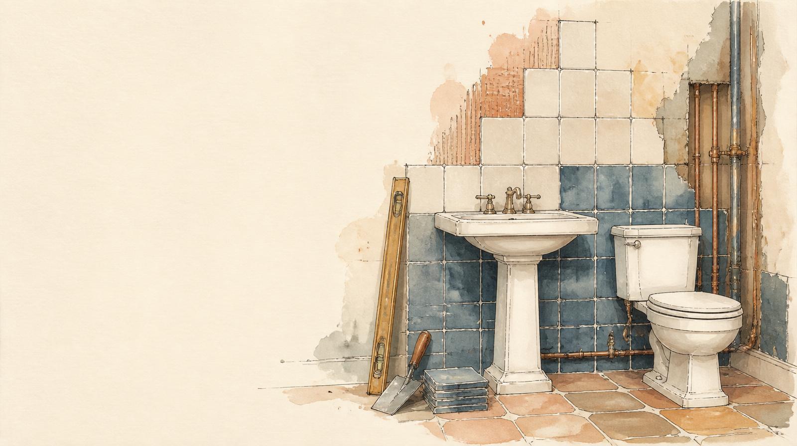 Ilustración en acuarela de un baño en obra con revestimiento nuevo, sanitarios y herramientas