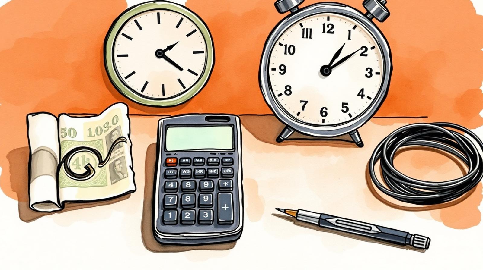 Ilustración en acuarela de manos calculando una tarifa por hora con calculadora, reloj y cuaderno