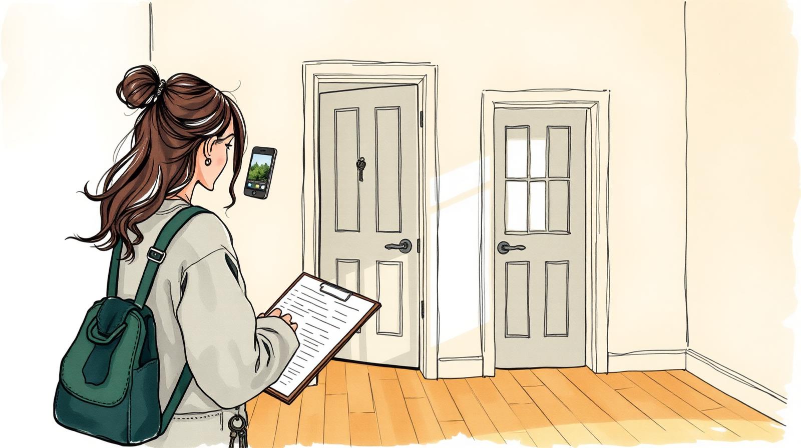 Joven mujer con un portapapeles sacando una foto con el celular a un departamento vacío para alquilar