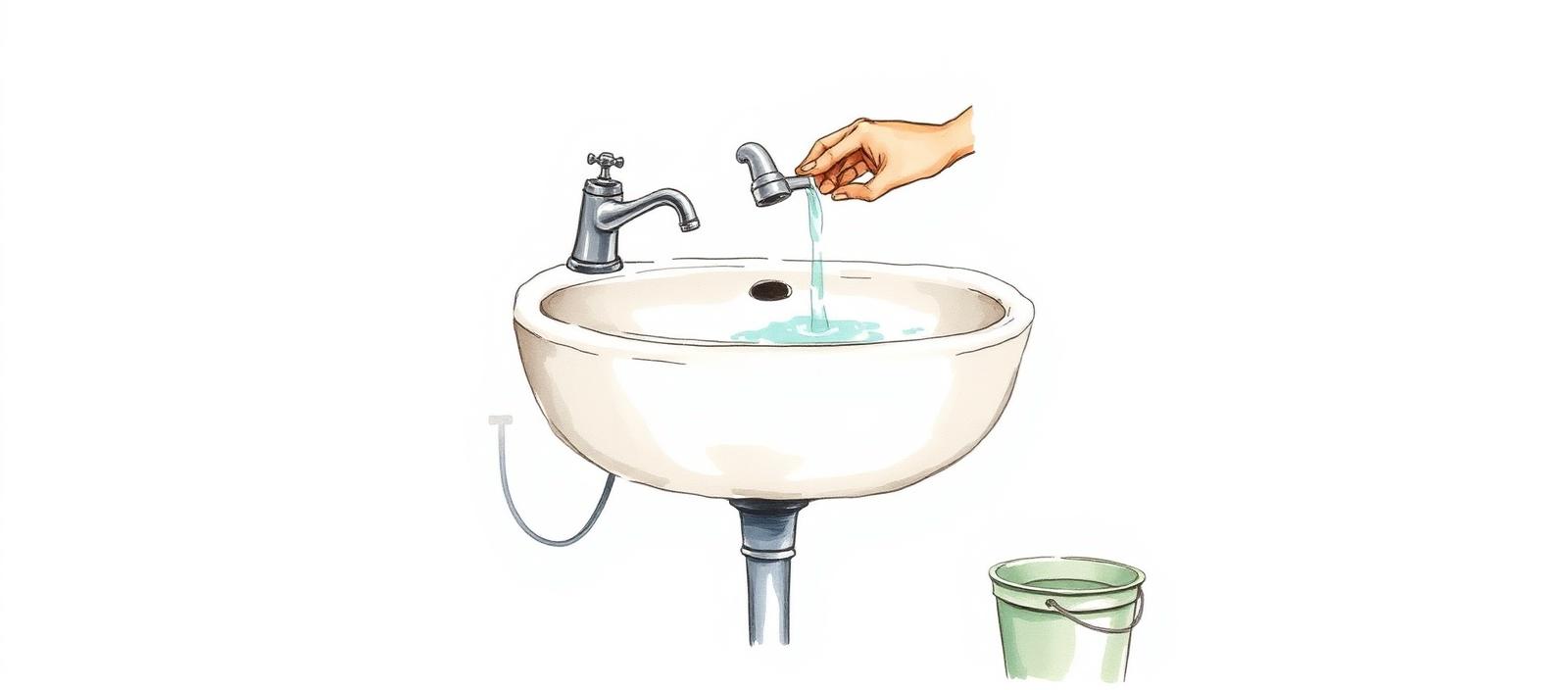 Bacha de baño con la canilla abierta y una mano probando la presión del agua