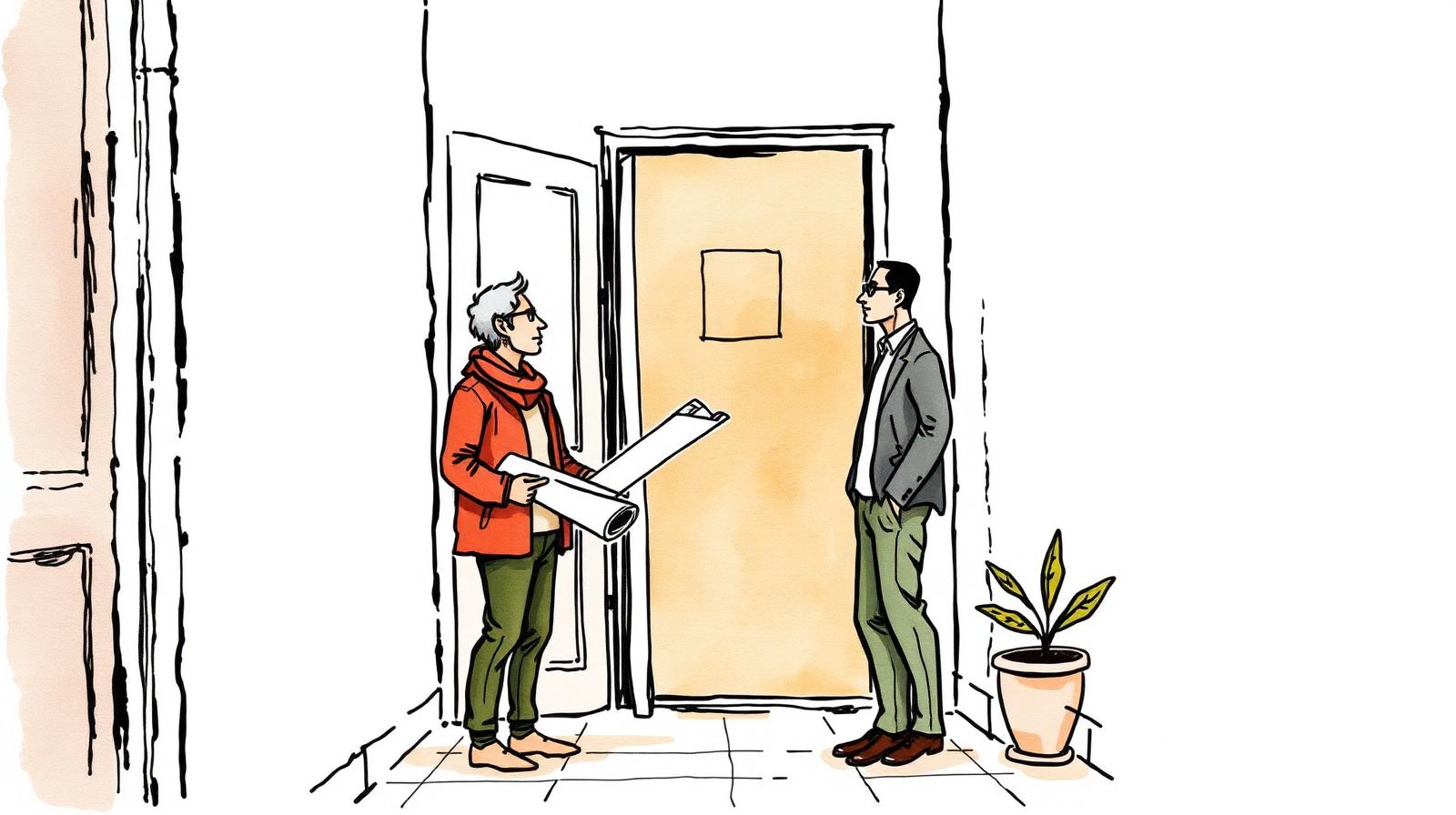 Dos vecinos conversando en el pasillo de un edificio: uno con un plano enrollado, el otro escuchando, en un tono de negociación amable