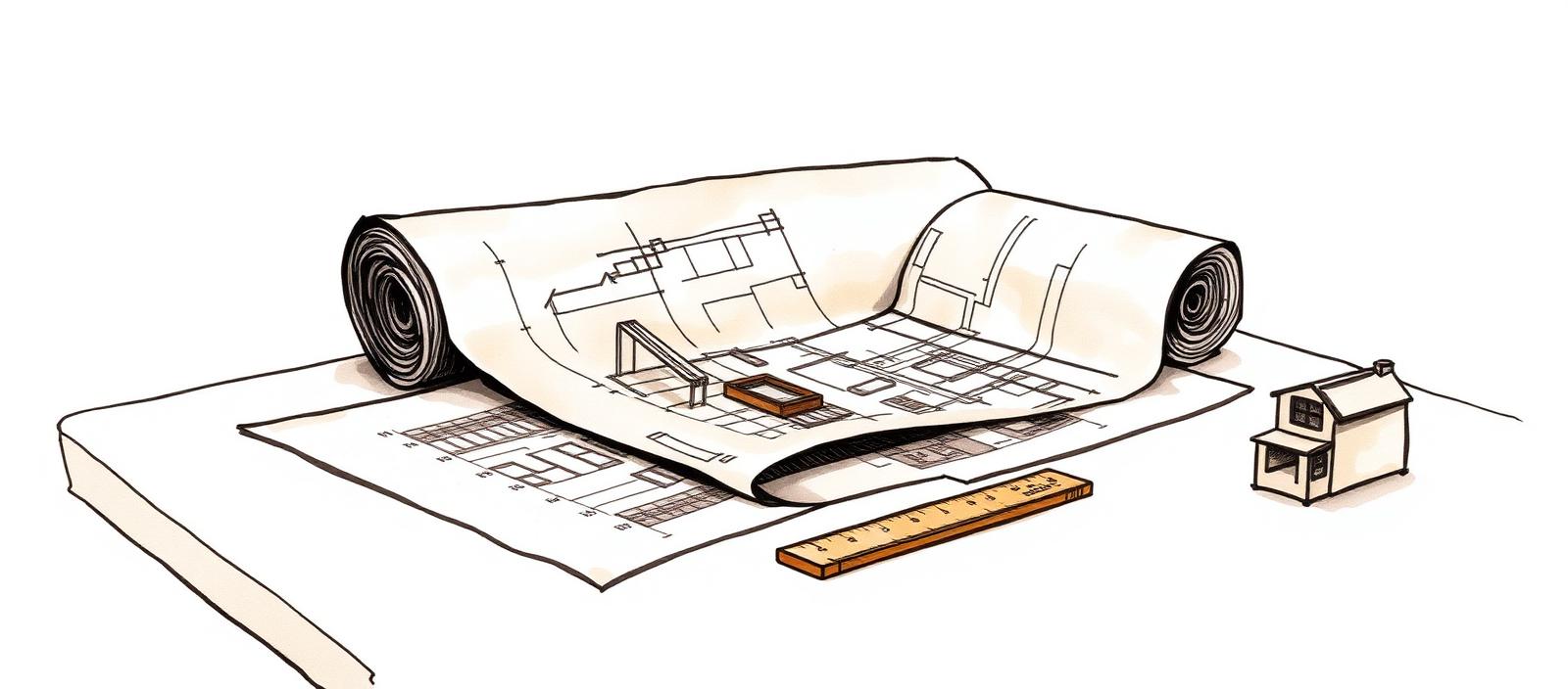 Un plano arquitectónico desplegado sobre una mesa con regla y una pequeña maqueta, sugiriendo un proyecto ajustado