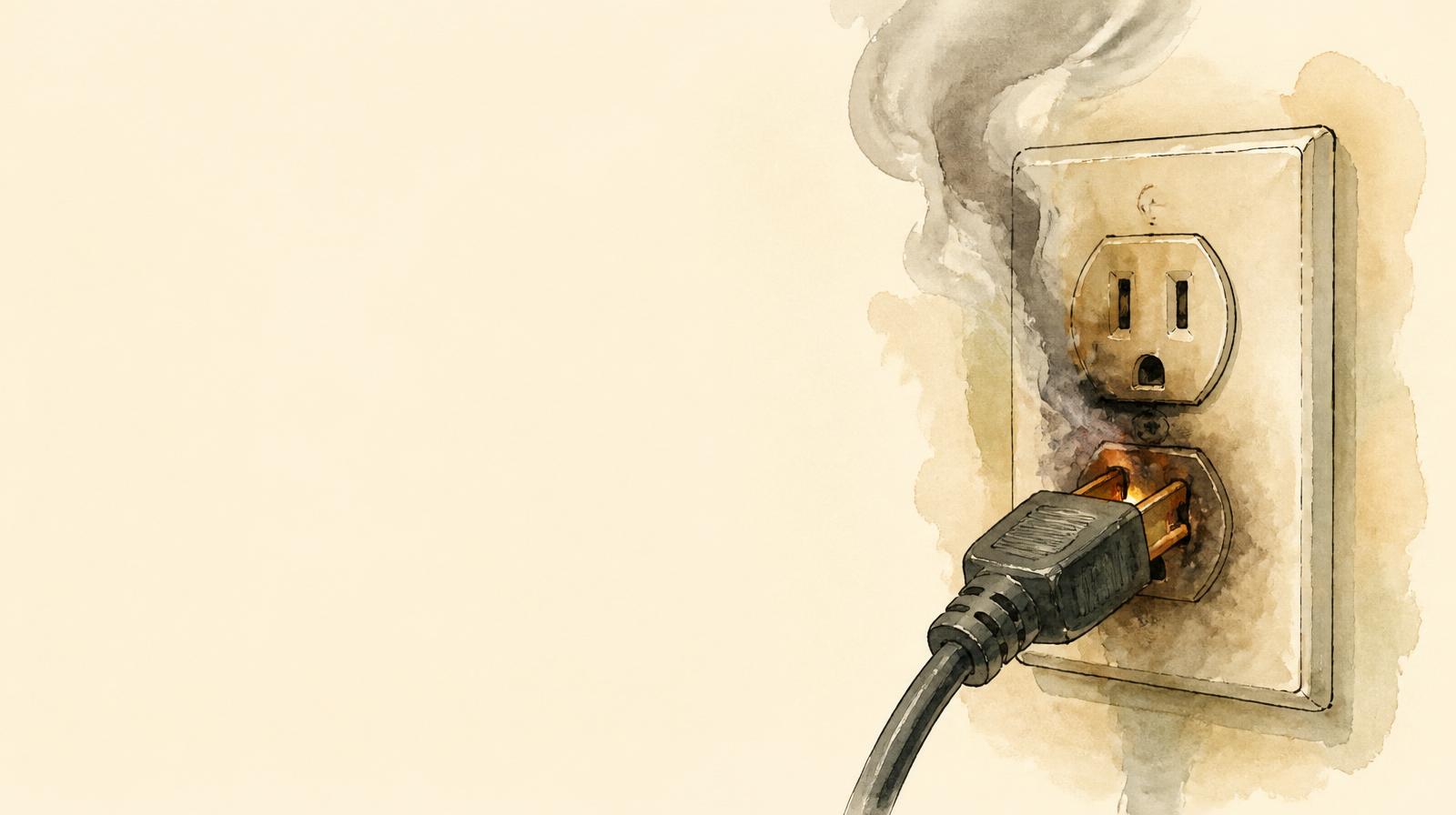 Ilustración de un enchufe recalentado con marcas de quemadura y humo saliendo