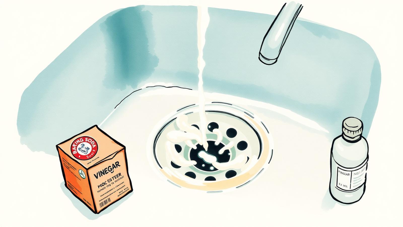 Ilustración editorial en acuarela de una bacha con agua caliente, bicarbonato y vinagre