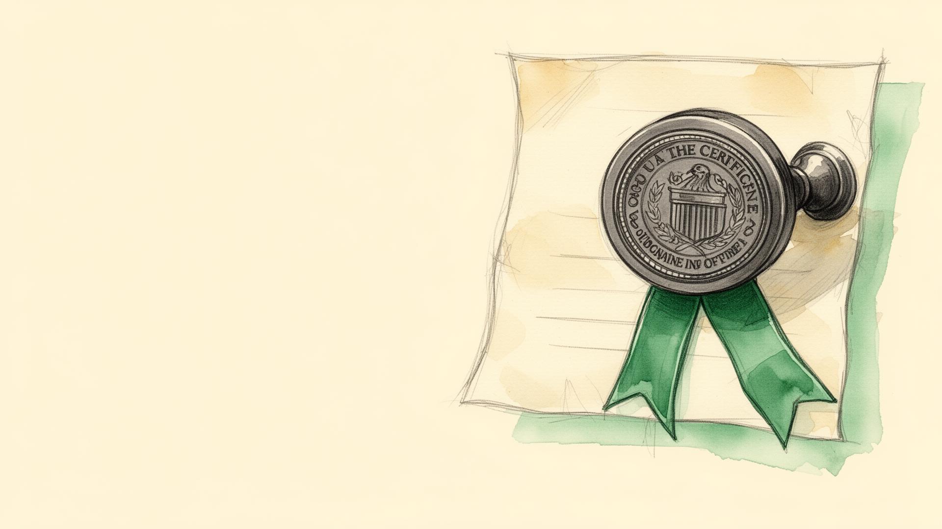 Sello oficial estampado sobre un certificado en papel con un moño verde