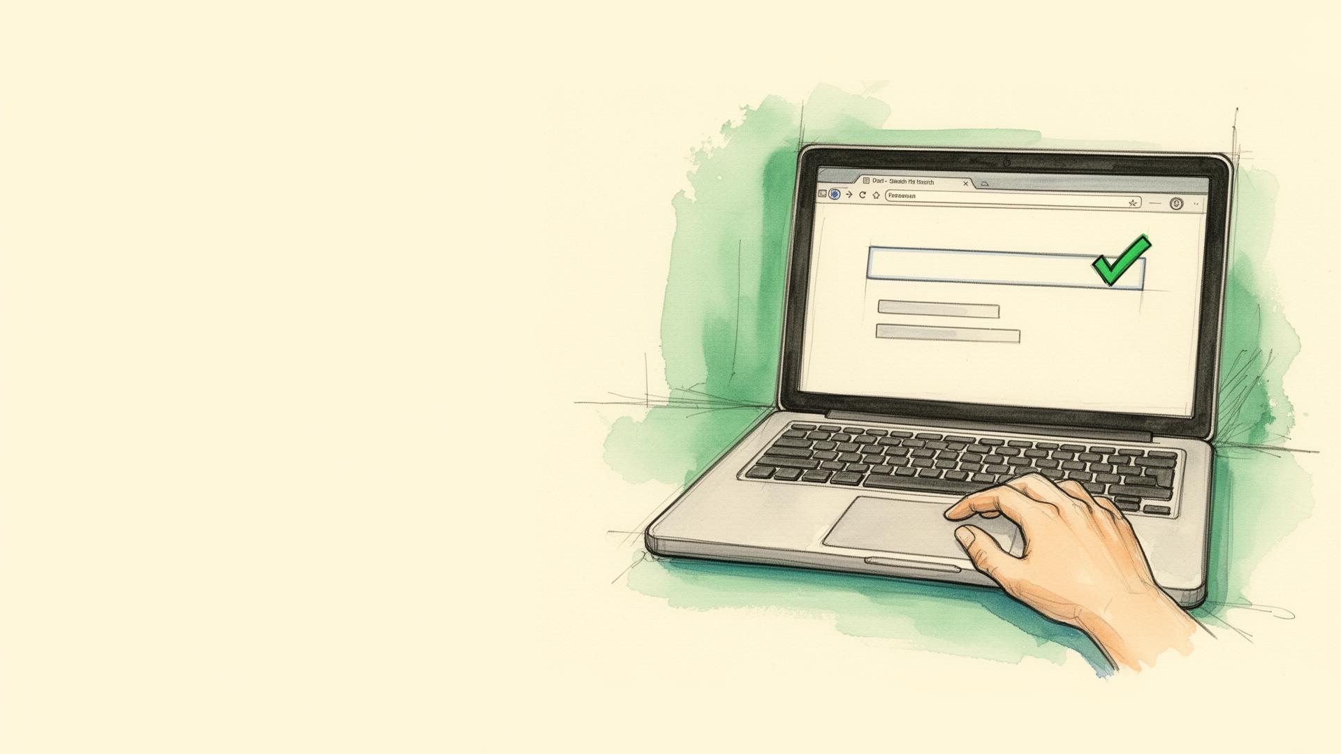 Pantalla de laptop con una interfaz de búsqueda y un tilde verde de verificación
