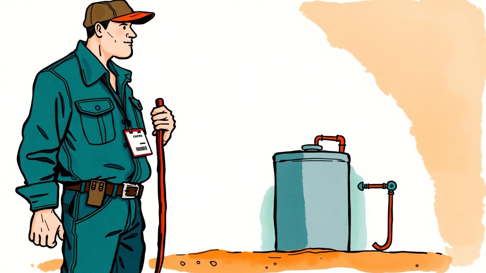 Ilustración editorial en acuarela de un gasista matriculado con credencial y un termotanque