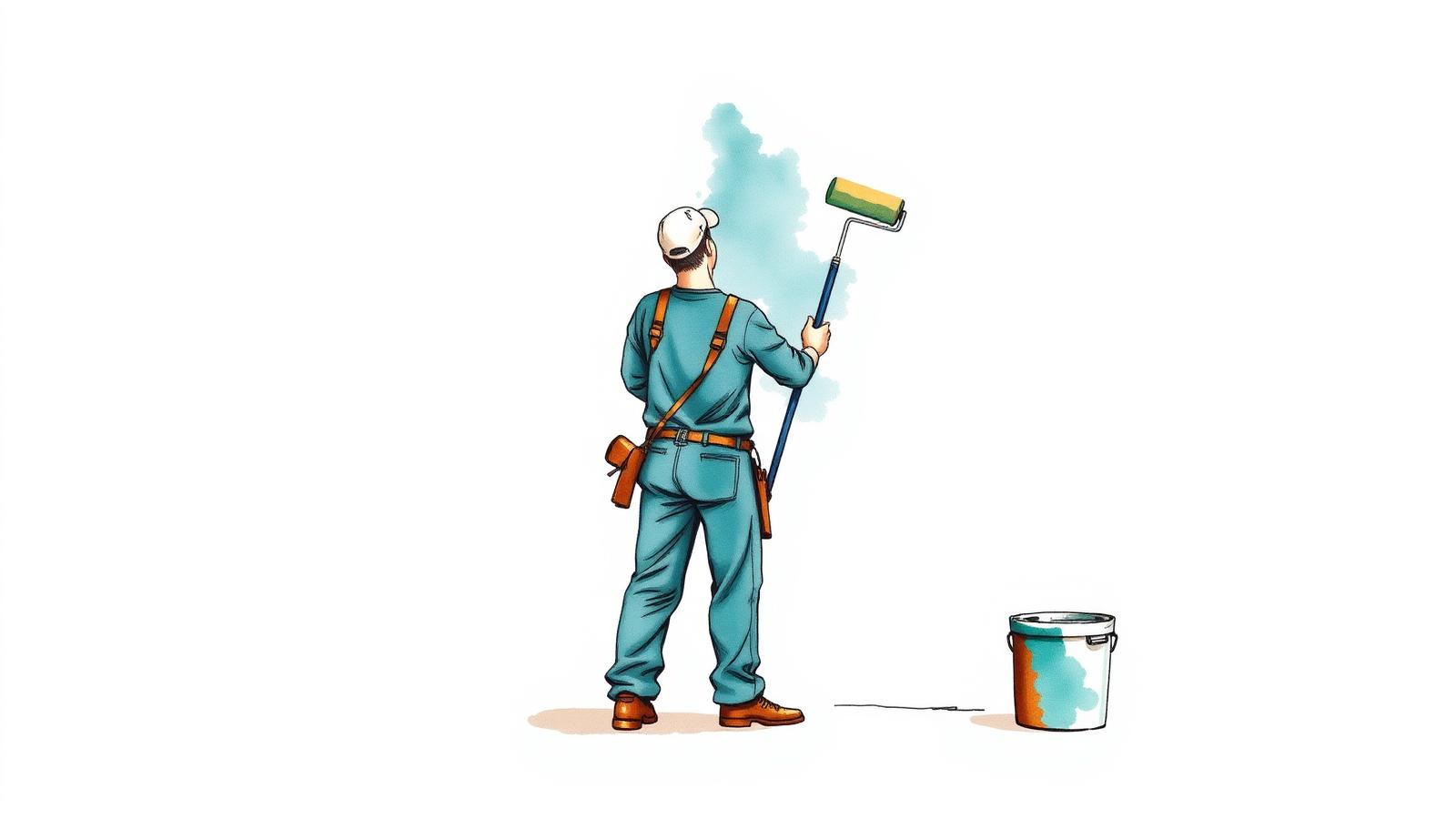 Ilustración editorial en acuarela de un pintor con rodillo y balde de pintura