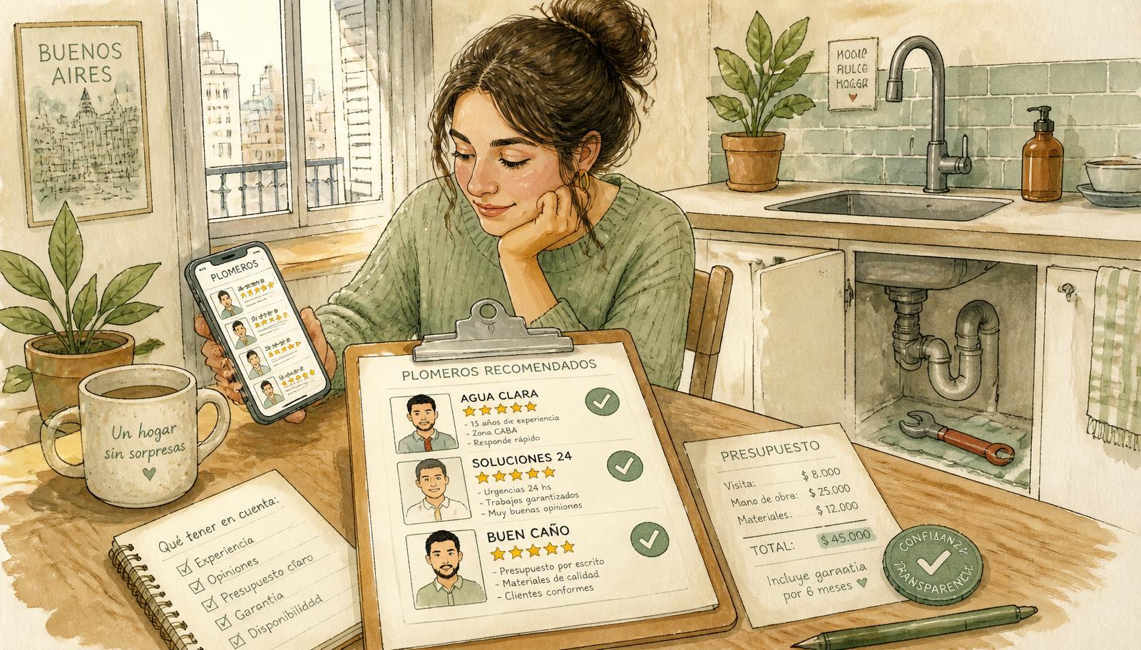 Ilustración editorial en acuarela de una persona en un departamento de Buenos Aires comparando perfiles de plomeros en el celular y un portapapeles, con estrellas de rating, presupuesto por escrito y un sello de confianza