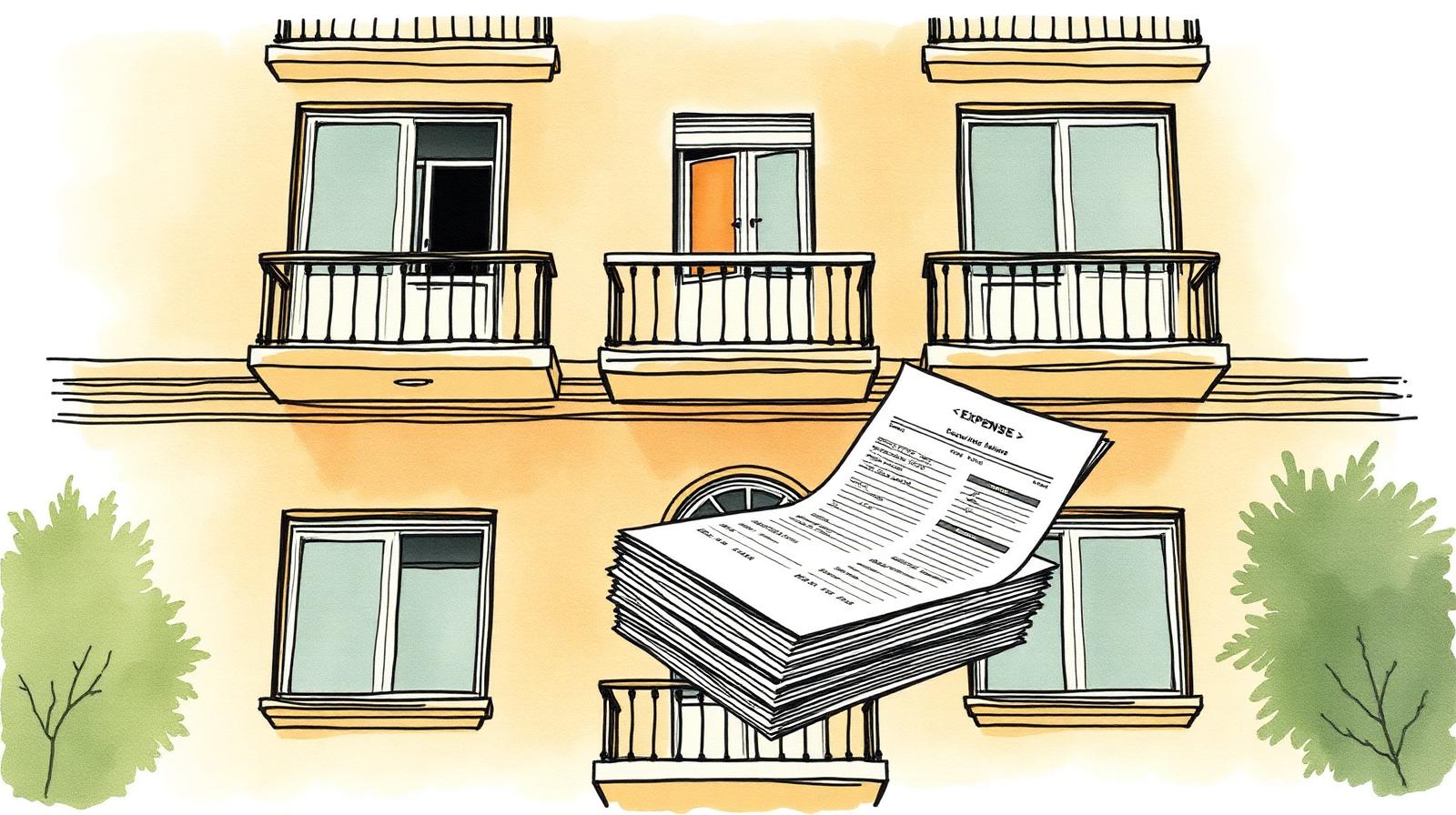 Fachada de un edificio de departamentos con balcones y una pila de papeles de expensas flotando adelante