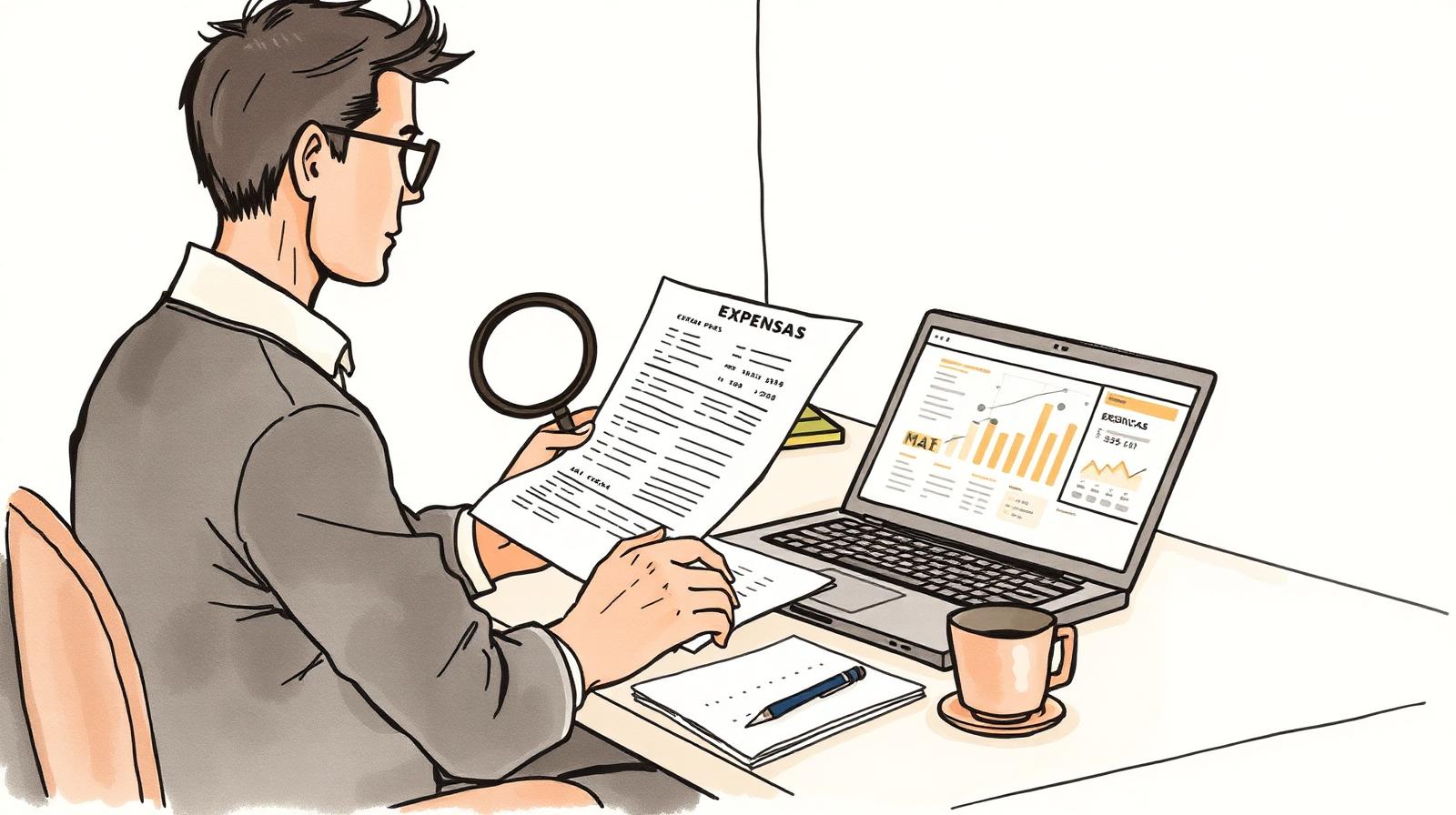 Una persona en un escritorio revisa una liquidación de expensas con una lupa junto a una laptop con un gráfico
