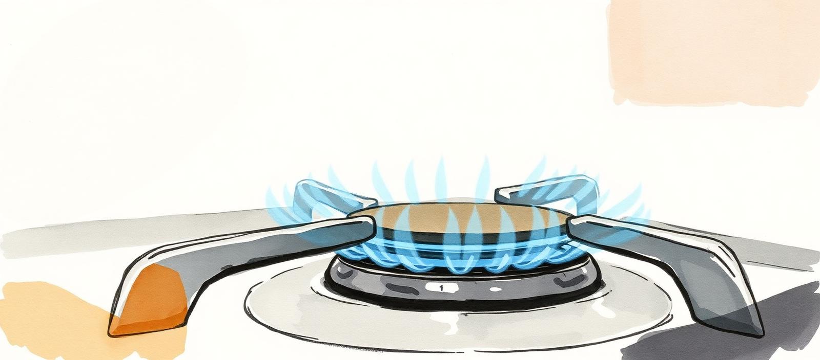 Hornalla de cocina a gas encendida con llama azul estable