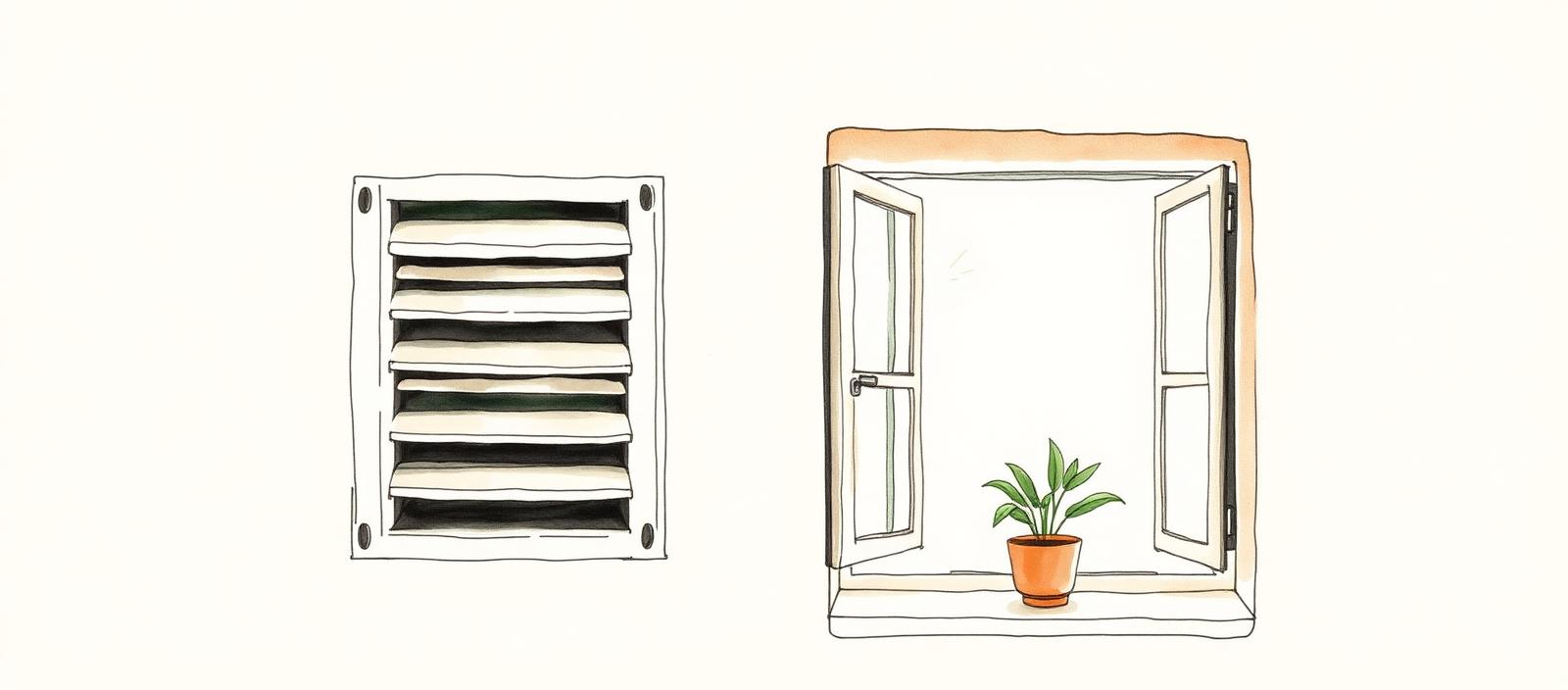 Rejilla de ventilación en una pared junto a una ventana abierta con una pequeña planta