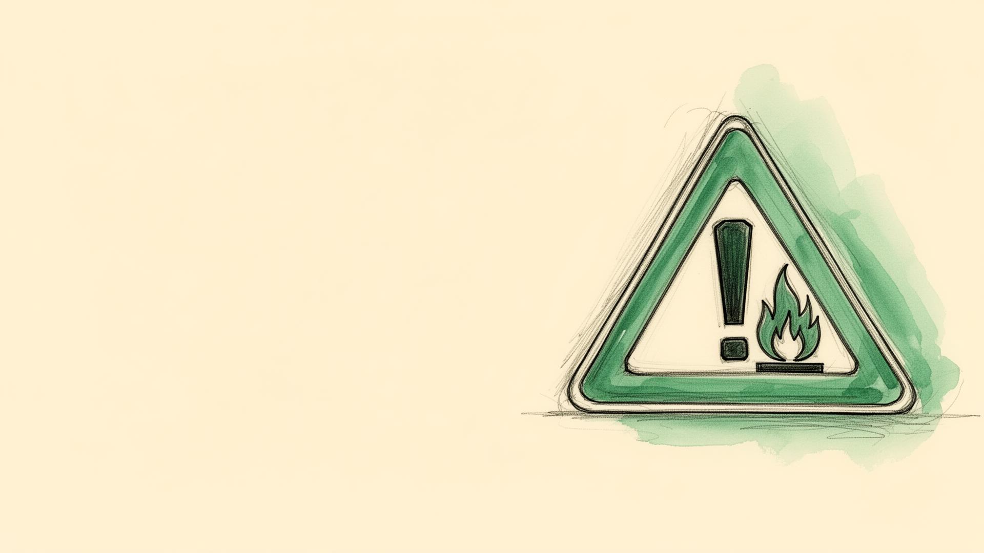 Cartel triangular de advertencia con signo de exclamación y un pequeño ícono de llama de gas