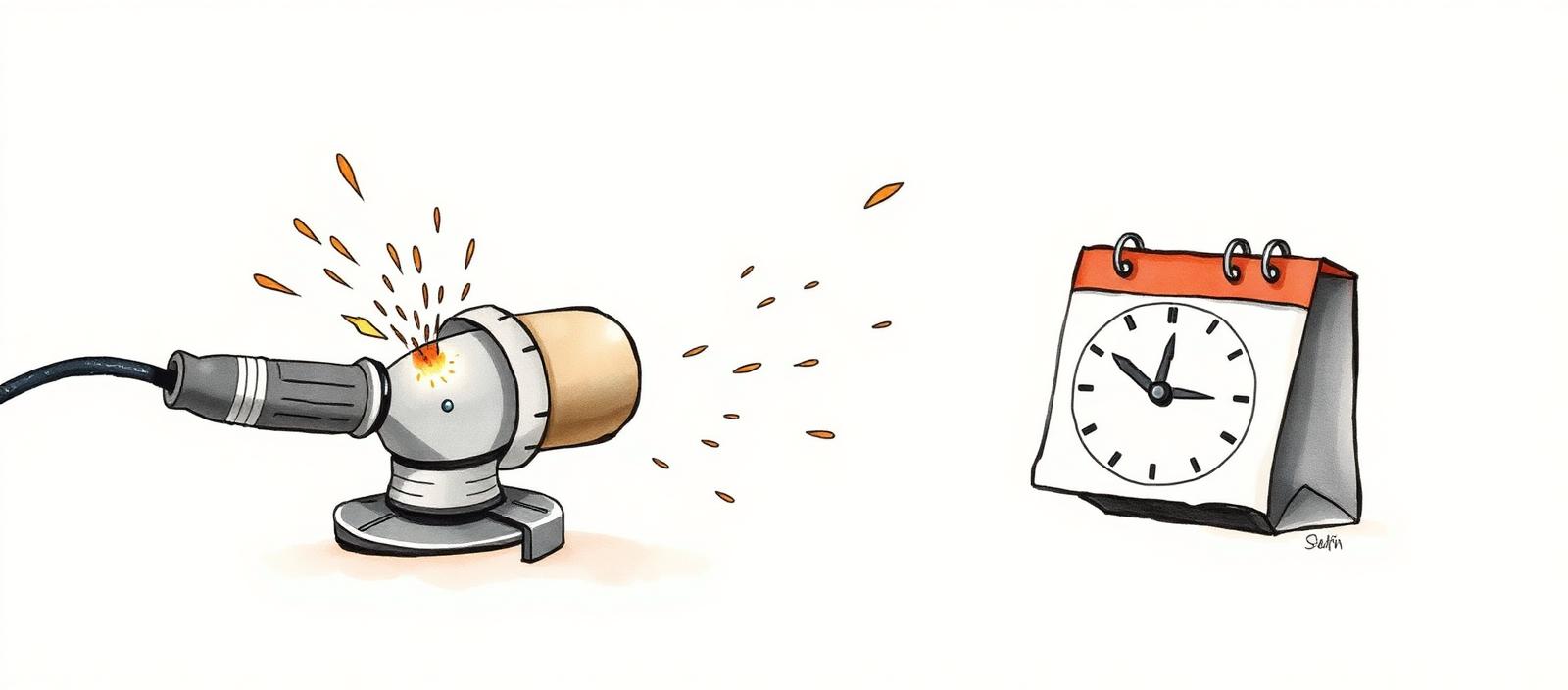 Amoladora angular con chispas junto a un calendario, sugiriendo que el ruido tiene horarios acotados