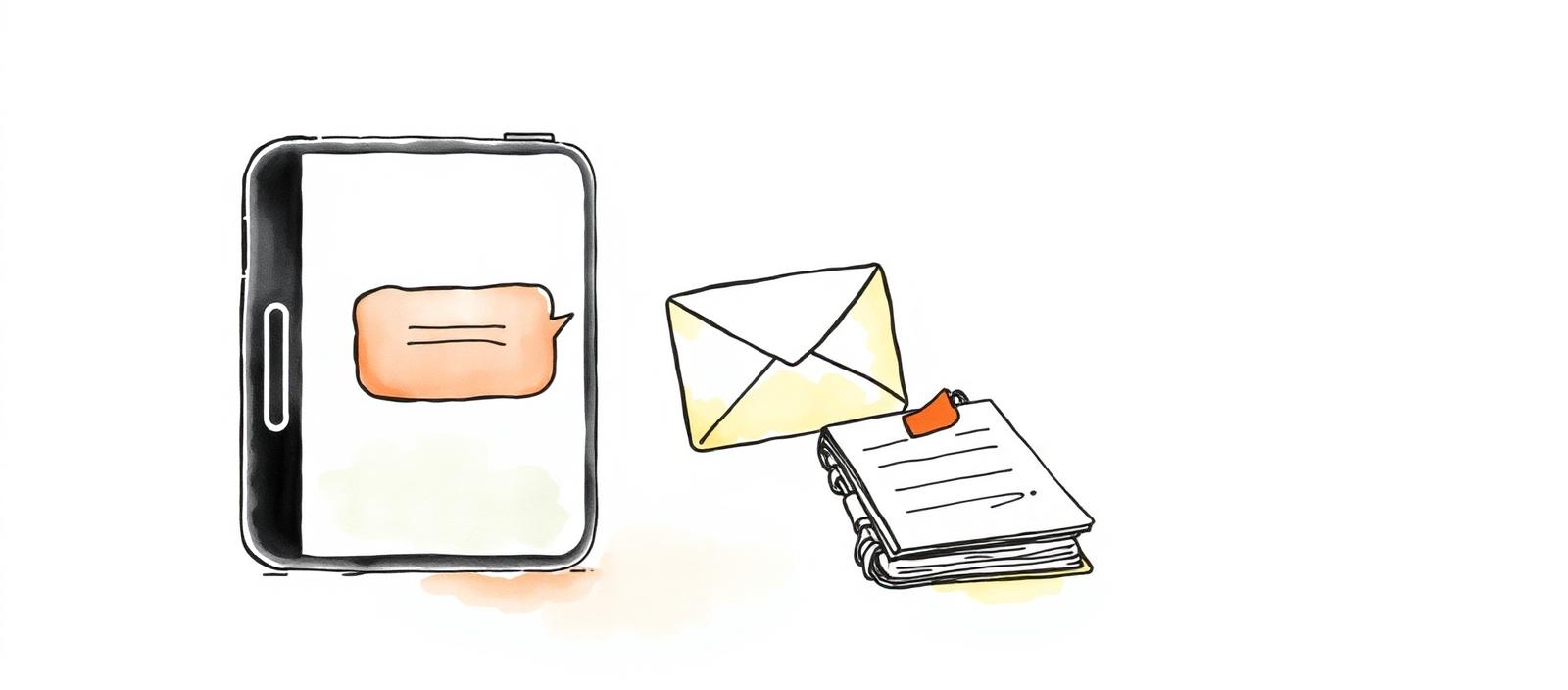 Celular con una burbuja de mensaje, junto a un sobre de mail y una libreta de anotaciones