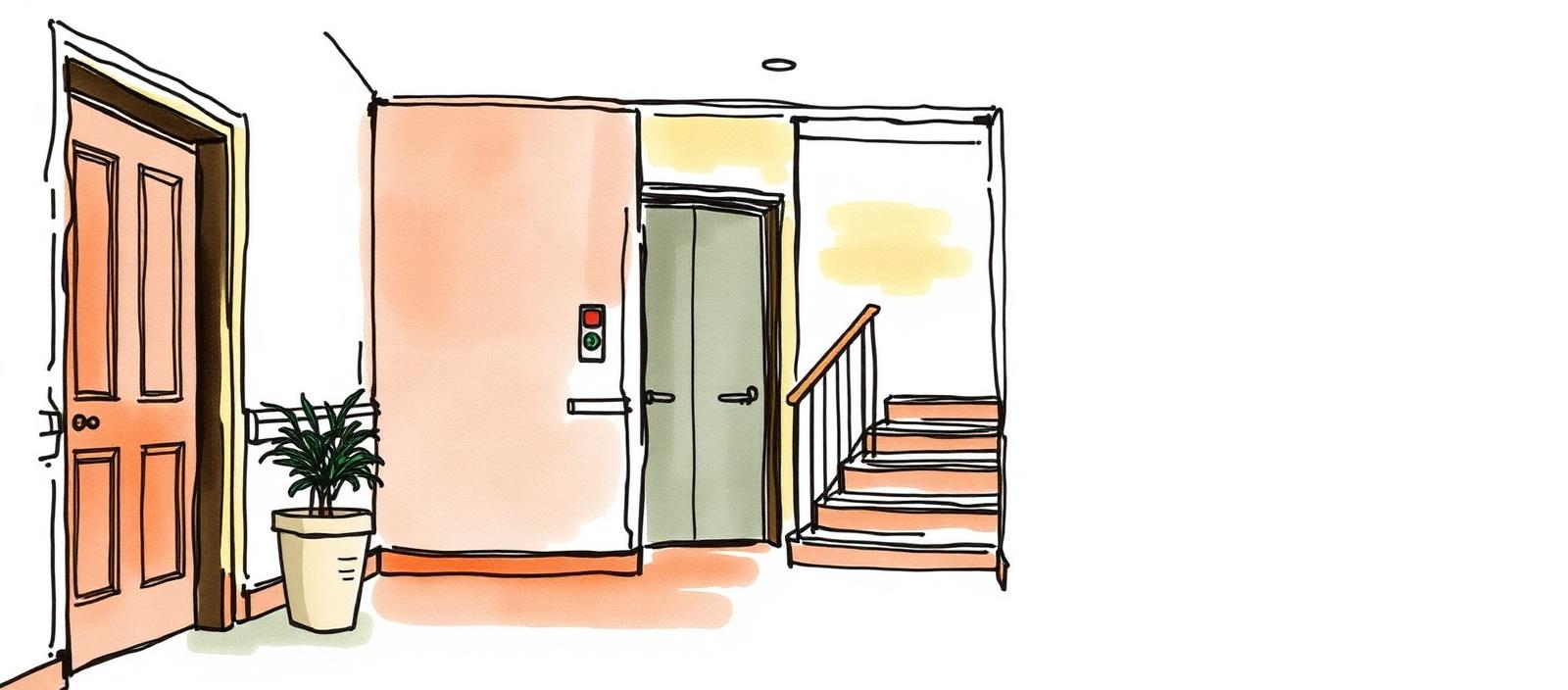 Palier de un edificio con la puerta del ascensor y una escalera, sugiriendo los espacios comunes del consorcio