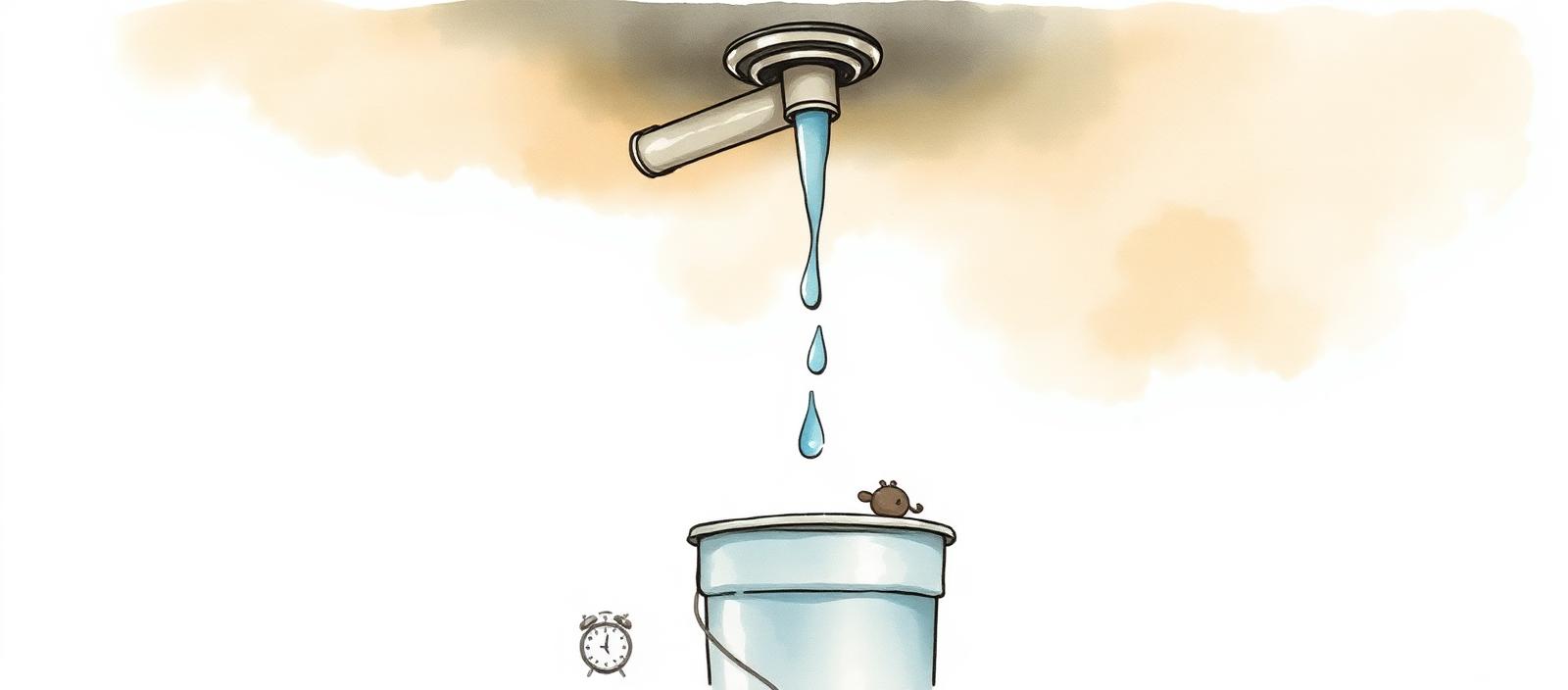 Pérdida de agua cayendo desde un caño del techo a un balde en el piso