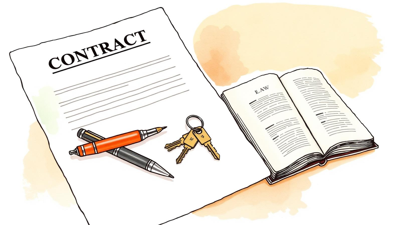 Contrato de alquiler sobre una mesa con una lapicera y un llavero, junto a un libro de leyes abierto