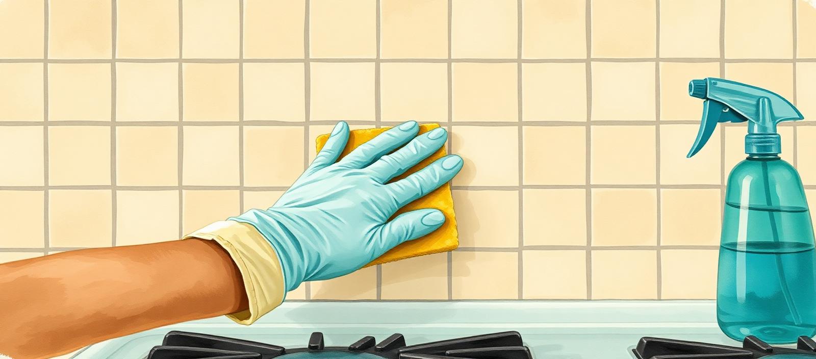Mano con guante limpiando los azulejos y la anafe de una cocina con esponja y rociador