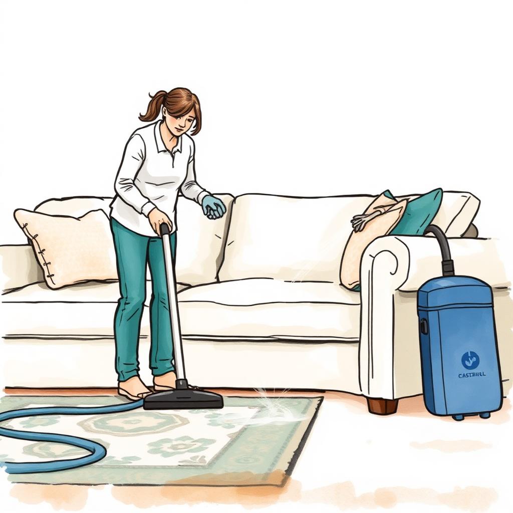 Persona limpiando profesionalmente una alfombra con máquina de inyección-extracción junto a un sillón tapizado en un living