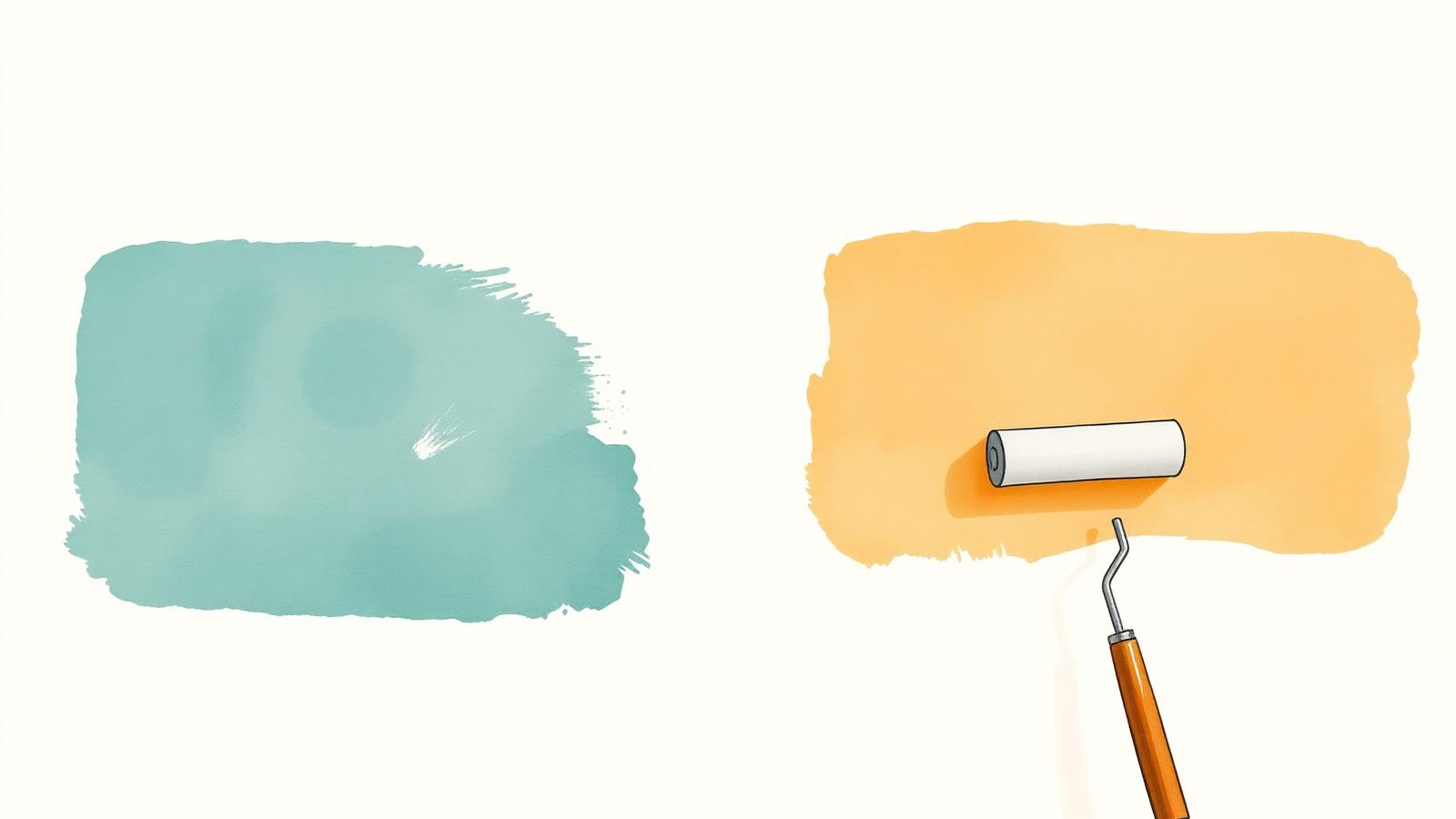 Ilustración editorial en acuarela de dos muestras de pintura con distinta cobertura y un rodillo