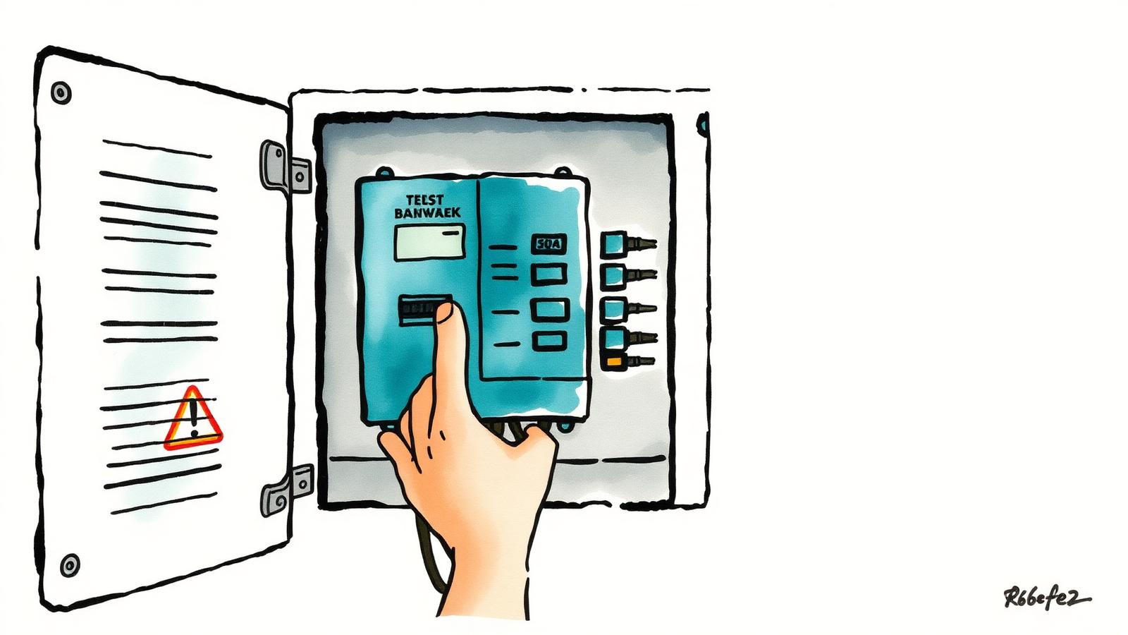 Ilustración editorial en acuarela de una mano probando una térmica en un tablero eléctrico