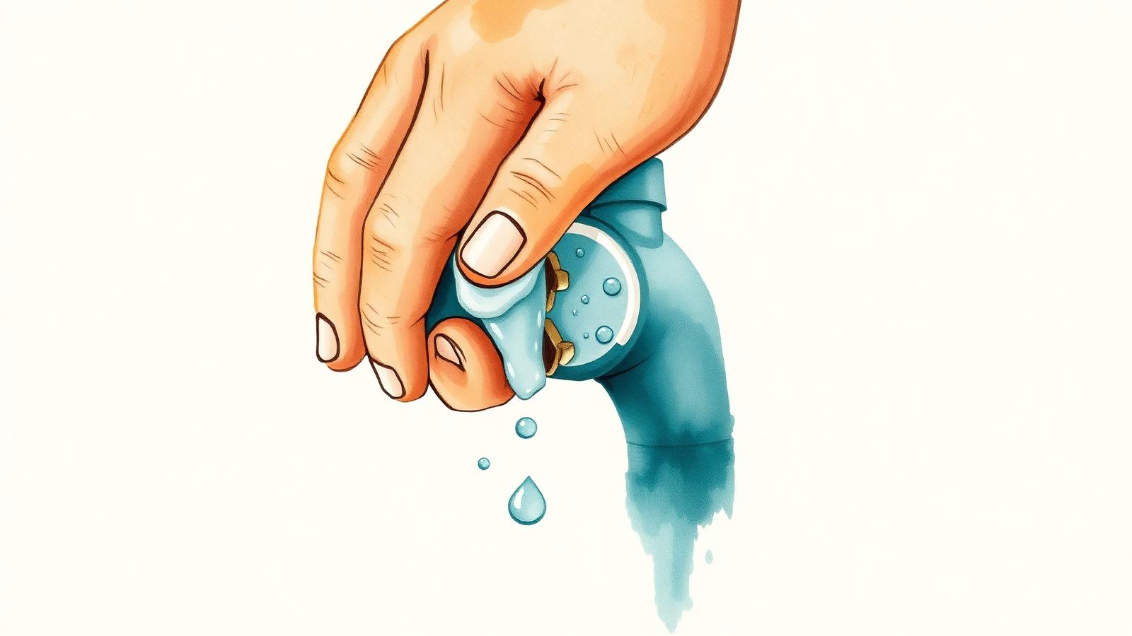 Ilustración editorial en acuarela de una mano con agua jabonosa detectando una pérdida de gas