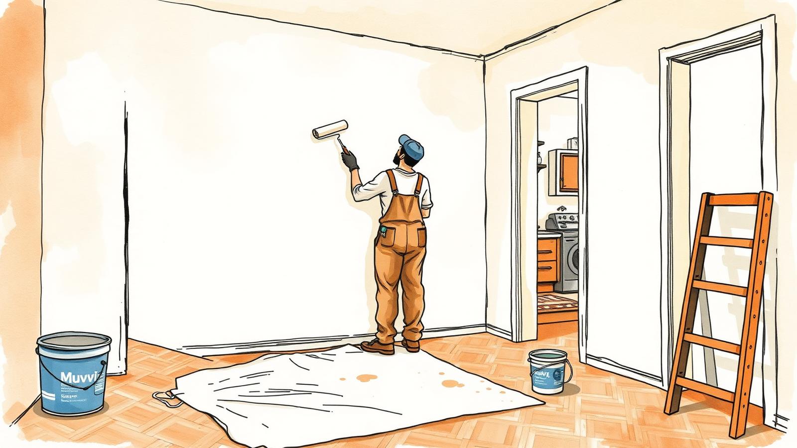 Ilustración editorial en acuarela de un pintor pintando la pared de un departamento de 2 ambientes con rodillo, escalera y lona en el piso