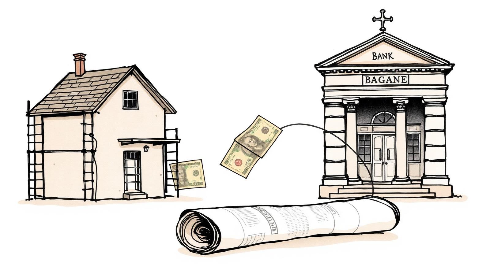 Ilustración editorial: una casa en obra a la izquierda y una sucursal bancaria a la derecha, unidas por billetes que fluyen entre ambas, con un plano enrollado en primer plano