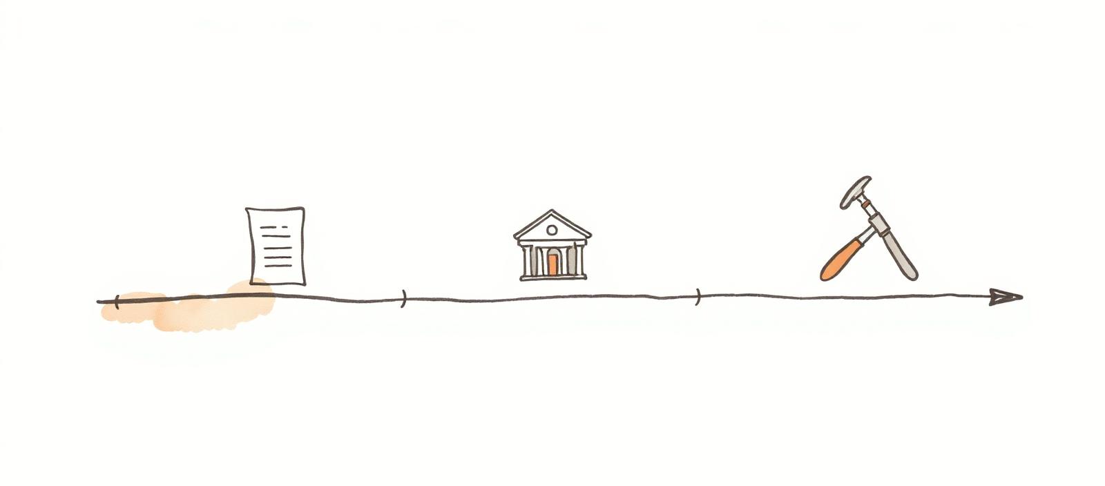 Línea de tiempo horizontal con tres hitos —documento, banco y martillo— conectados por una fina línea de tinta