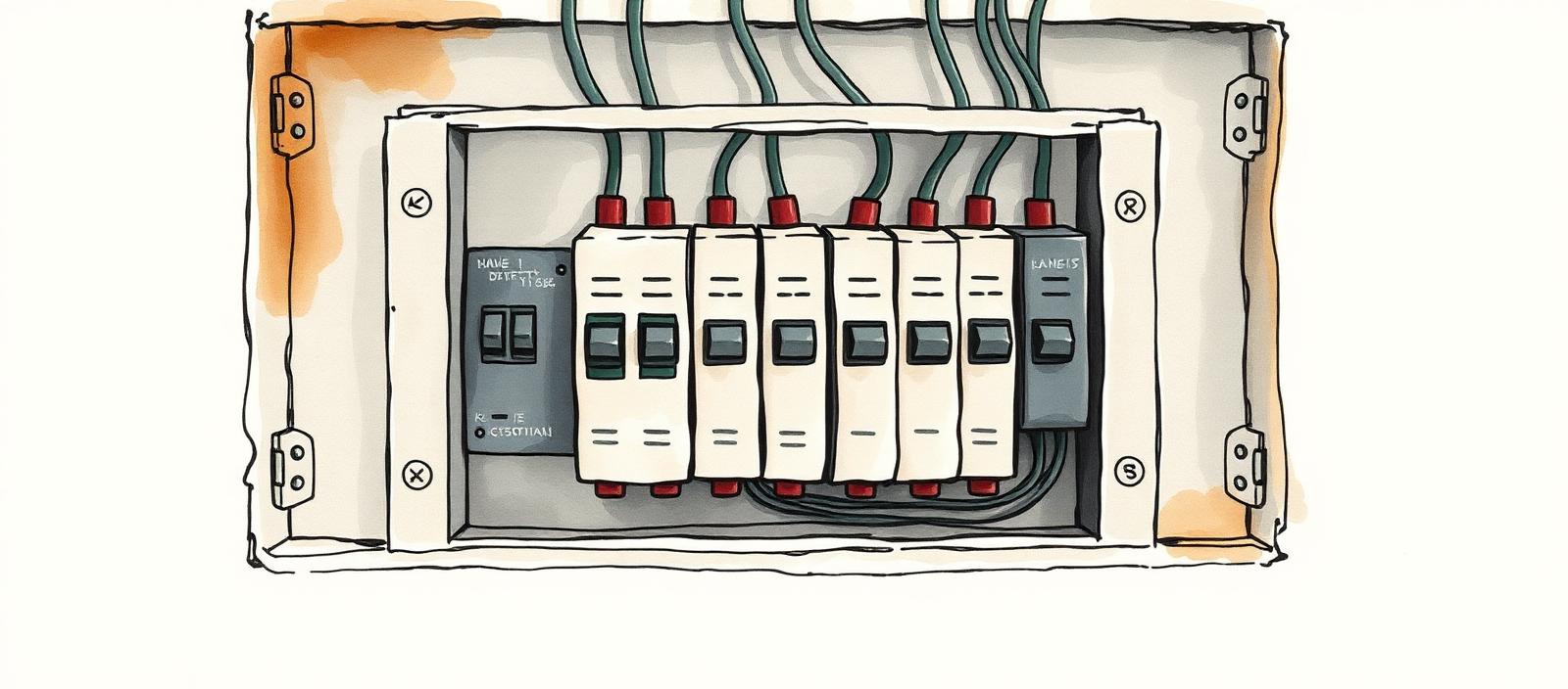 Tablero eléctrico abierto con disyuntor diferencial y térmicas modernas