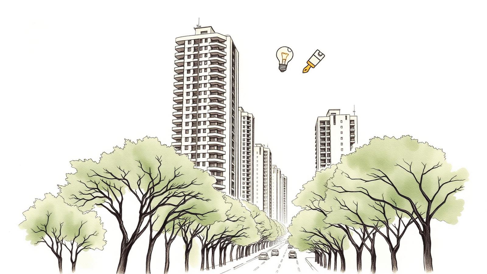 Ilustración editorial en acuarela de fachadas residenciales de Belgrano y torres modernas.