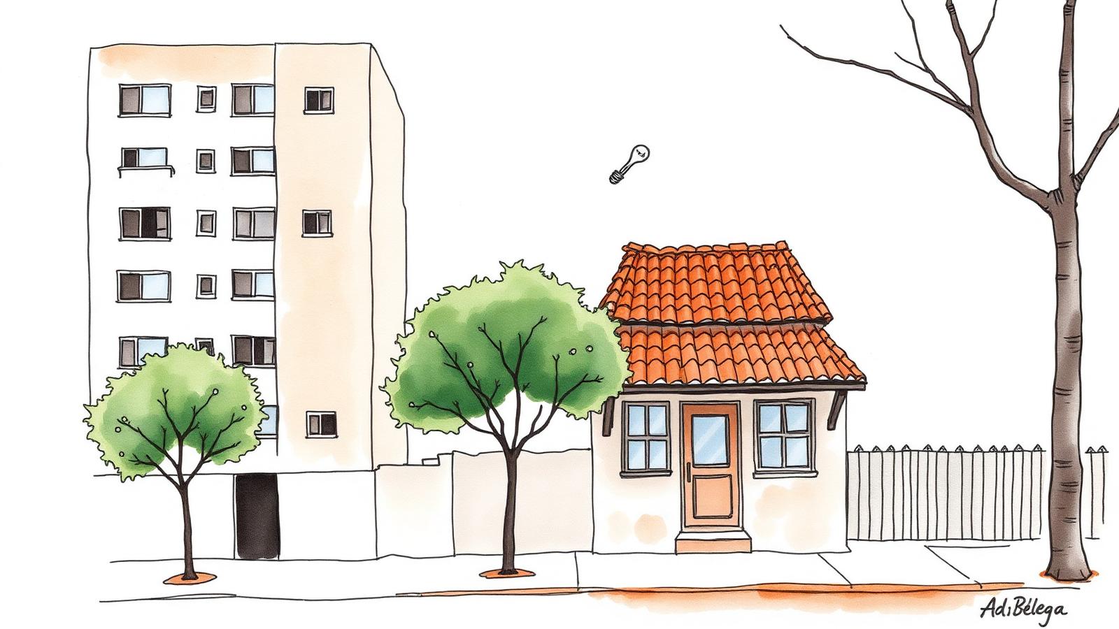 Ilustración editorial en acuarela de edificios y casas típicas de Caballito.