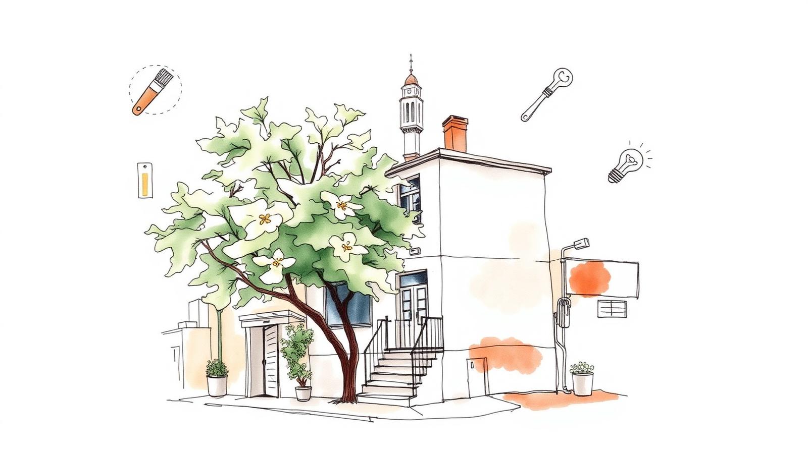 Ilustración editorial en acuarela de fachadas de Palermo: PH reciclado y torres modernas.