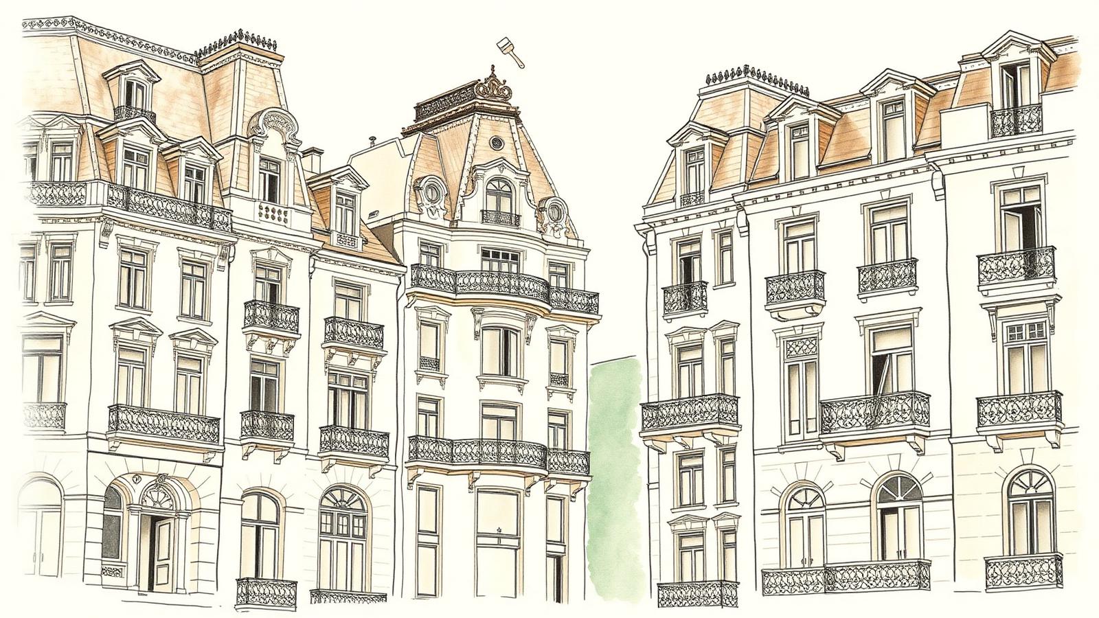 Ilustración editorial en acuarela de fachadas clásicas de Recoleta.