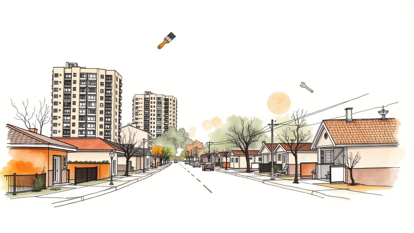 Ilustración editorial en acuarela de casas y torres de Villa Urquiza.