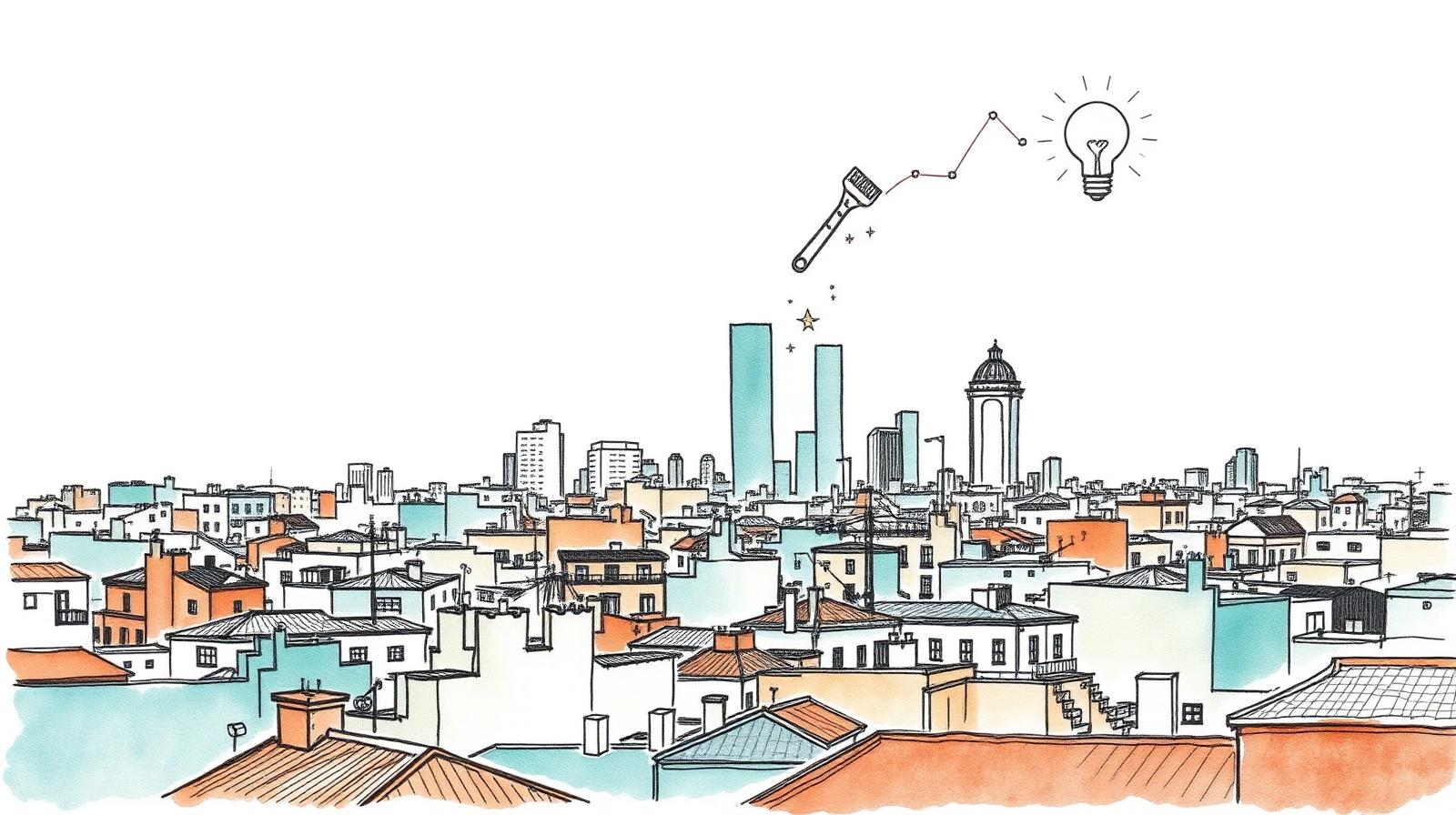 Ilustración editorial en acuarela: tejados de Buenos Aires con un gráfico de barras subiendo sobre el skyline e íconos de oficios (llave, pincel, foco).