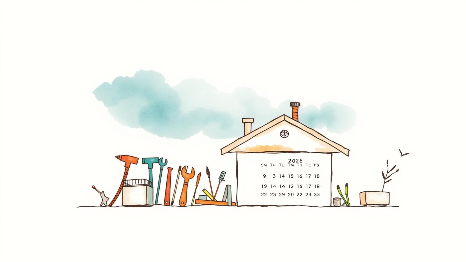 Ilustración editorial en acuarela de una casa argentina con herramientas y calendario 2026