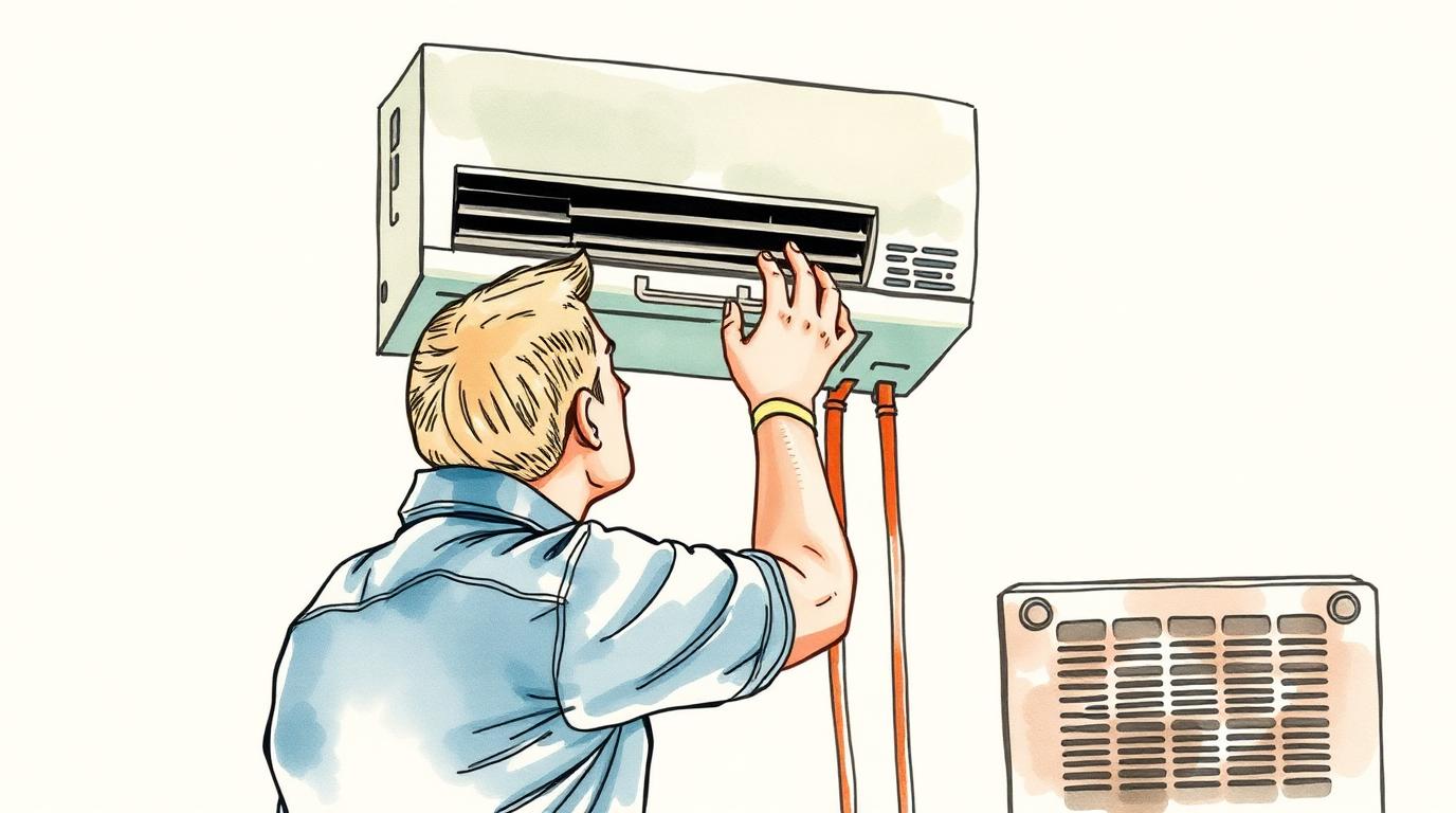 Ilustración acuarela de un técnico instalando un aire acondicionado split