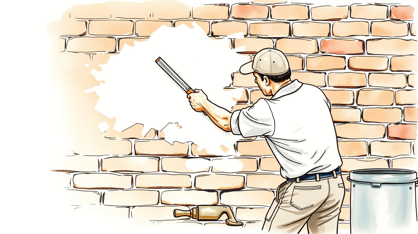 Ilustración acuarela de un albañil revocando una pared de ladrillos