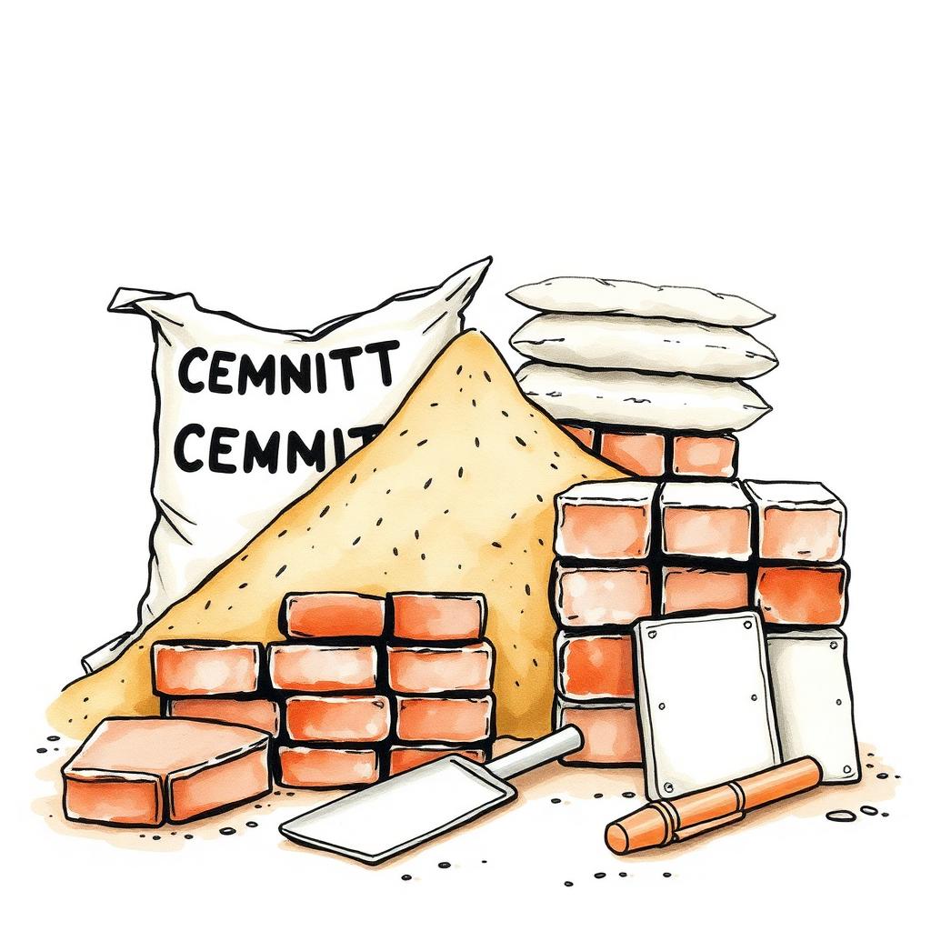 Ilustración acuarela de materiales de albañilería: cemento, arena, ladrillos y cerámicos