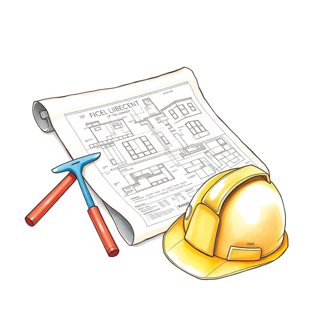 Ilustración acuarela de planos de obra junto a un casco de construcción