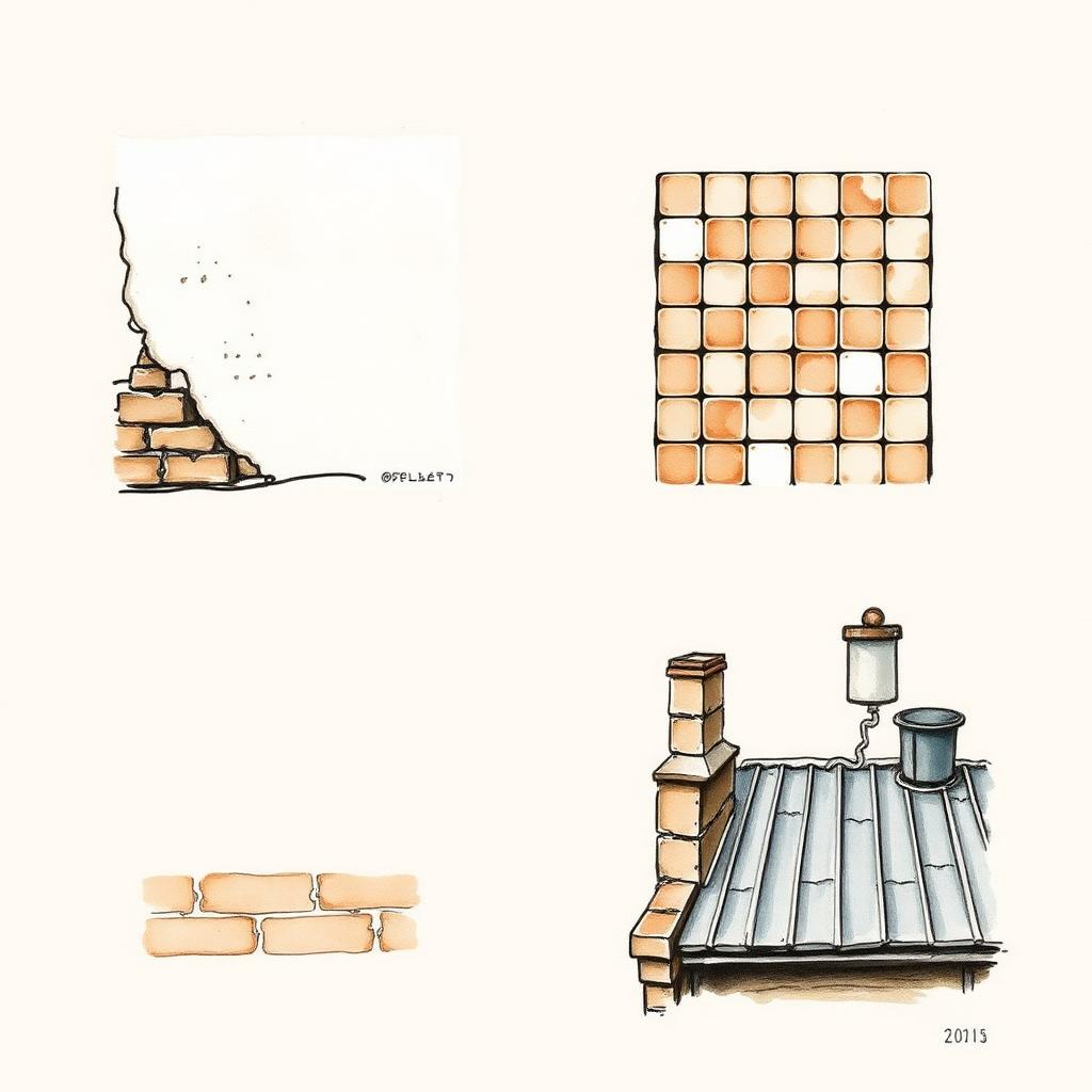 Ilustración acuarela de escenarios de albañilería: revoque, colocación de cerámicos e impermeabilización